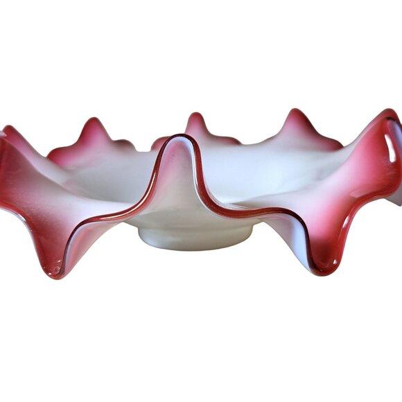 Antique Victorian Bride Basket Ruffle Edge Glass Bowl White Pink Centerpiece - Picture 2 of 6